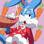  anthro blue_fur bottomless buster_bunny carrot clothed clothing cum cum_in_mouth cum_inside cum_on_face duo fellatio fur half-closed_eyes half-dressed hindpaw human human_on_anthro interspecies lagomorph looking_at_viewer male male/male mammal merumeto open_mouth oral orgasm pawpads paws penis penis_grab pink_background pink_nose plain_background rabbit sex shirt sitting solo_focus teeth tiny_toon_adventures tongue warner_brothers white_fur 