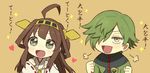  1girl ahoge bad_id bad_pixiv_id brown_eyes brown_hair chibi crossover green_eyes green_hair hair_bun hair_over_one_eye hairband heart kantai_collection kongou_(kantai_collection) long_hair nontraditional_miko shiwo_(siwosi) short_hair sparkle sparkling_eyes touken_ranbu translated uguisumaru 