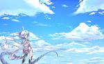  ahoge boots claws closed_eyes cloud cloudy_sky day dragon_girl dragon_horns dragon_tail from_behind g_(desukingu) horns long_hair looking_back monster_girl original sky smile solo tail thigh_boots thighhighs very_long_hair white_hair 