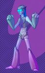  2015 abstract_background ambiguous_gender android bared_teeth cyan_eyes grey_body mutisija not_furry pose shiny solo standing teeth 