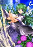  blue_eyes blue_sky cloud day detached_sleeves flower foreshortening frog_hair_ornament gohei green_hair hair_ornament kochiya_sanae long_hair long_sleeves looking_at_viewer outstretched_arm outstretched_hand shirt skirt sky smile snake_hair_ornament solo touhou umigarasu_(kitsune1963) very_long_hair wide_sleeves 