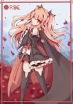  bare_shoulders black_legwear boots cape dango_remi detached_sleeves highres krul_tepes long_hair looking_at_viewer owari_no_seraph pink_hair pointy_ears red_eyes sleeves_past_wrists smile solo thigh_boots thighhighs 