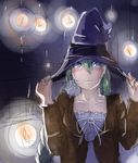  alice_carroll aria blue_eyes candle casual chalos commentary_request floating floating_object green_hair hair_between_eyes hands_on_headwear hat highres looking_up solo witch_hat 