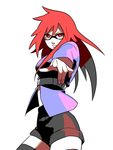  1girl female glasses karin_(naruto) kunoichi long_hair looking_at_viewer naruto naruto_shippuuden pointing red_eyes red_hair serious shorts simple_background solo thighhighs white_background youta2 