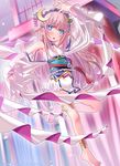  :o anklet barefoot blue_eyes crescent crescent_hair_ornament dancing detached_sleeves dress earrings hair_ornament jewelry long_hair open_mouth pink_hair sakuya_tsuitachi solo tenka_touitsu_chronicle 
