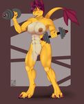  2015 aimy anthro biceps big_breasts breasts claws dragon female fitness hair horn invalid_tag muscles nipples nude power pussy smile sport zecho 