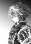  animal_ears armor backlighting blue_eyes chainmail circlet doraeshi facial_mark final_fantasy final_fantasy_xi glowing glowing_eyes gradient gradient_background highres mithra paladin_(final_fantasy) pauldrons profile serious short_hair sketch solo spiked_hair upper_body white_hair 