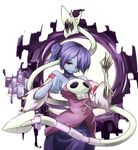  bone breasts detached_collar detached_sleeves dress hair_over_one_eye large_breasts layered_dress leviathan_(skullgirls) one_eye_covered paw_pose portal_(object) purple_eyes purple_hair ryota_tentei short_hair skeletal_arm skull skullgirls smile solo squigly_(skullgirls) stitched_mouth stitches twintails 