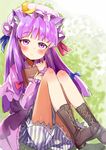  animal_ears blush book boots cat_ears crescent crescent_hair_ornament cross-laced_footwear gomibox hair_ornament hair_ribbon hat kemonomimi_mode lace-up_boots long_hair looking_at_viewer mob_cap object_hug patchouli_knowledge purple_eyes purple_hair ribbon sitting solo touhou 
