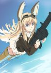  bad_id bad_pixiv_id bird_tail blonde_hair blue_eyes blue_sky day drum_(acta2436) flying goggles goggles_on_head gun hanna-justina_marseille head_wings highres holding holding_gun holding_weapon long_hair long_sleeves machine_gun mg34 military military_uniform miniskirt sketch skirt sky smile solo strike_witches striker_unit tail uniform weapon white_skirt world_witches_series 
