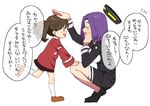  :d bad_id bad_twitter_id brown_eyes brown_hair ishihara_saika kantai_collection long_sleeves multiple_girls open_mouth purple_hair ryuujou_(kantai_collection) short_hair simple_background smile tatsuta_(kantai_collection) translated twintails white_background white_legwear younger 