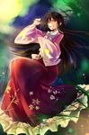  black_hair branch brown_eyes floral_print houraisan_kaguya jeweled_branch_of_hourai kutsuki_kai long_hair long_sleeves shirt sitting skirt smile solo touhou very_long_hair wide_sleeves 