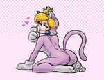  animal_costume animal_ears ass ass_shake blonde_hair blue_eyes cat_costume cat_ears cat_tail checkered checkered_background crown earrings full_body gloves jewelry lips lipstick makeup mario_(series) paw_gloves paws penelope_and_me princess_peach skin_tight solo super_mario_3d_world super_mario_bros. tail 