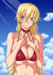  1girl bare_shoulders blonde_hair blue_eyes blush breasts claire_harvey cleavage cloud cloudy_sky earrings hair_between_eyes highres hundred jewelry large_breasts long_hair looking_at_viewer ozaneko red_bikini_top sky solo upper_body 