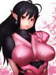  antenna_hair arms_behind_back black_hair bodysuit breasts earrings fumio_(rsqkr) japanese_clothes jewelry katori_(pso2) large_breasts lips long_hair mole mole_under_eye phantasy_star phantasy_star_online_2 pink_bodysuit pointy_ears red_eyes short_sleeves solo 