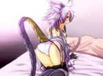  ahoge all_fours blush claws dragon_girl dragon_horns dragon_tail from_behind g_(desukingu) highres horns lala_(g_desukingu) lavender_hair long_hair looking_back monster_girl on_bed original panties pantyshot pink_panties red_eyes solo tail underwear very_long_hair 