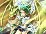  breasts cleavage collarbone dragon dragon_wings duel_monster glowing green_eyes green_hair jacket jewelry long_hair medium_breasts omega_na_hito open_mouth pendant petit_dragon ponytail scepter skirt solo wings wynn yuu-gi-ou 