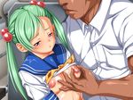  1boy 1girl age_difference blue_eyes breasts dark-skinned_male dark_skin female fingers g_kilo-byte game_cg green_hair hair_ornament hetero ikkitousen nipples no_bra open_mouth puffy_nipples saberfish school_uniform shokatsuryou_koumei short_twintails small_breasts twintails 