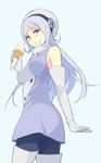  :o aila_jyrkiainen bare_shoulders blue_background boots dress elbow_gloves food fur_trim gloves gundam gundam_build_fighters hairband hat ice_cream ice_cream_cone long_hair looking_back pantyhose purple_eyes sasamori_tomoe silver_hair simple_background soft_serve solo thigh_boots thighhighs 