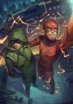  absurdres arrow barry_allen blurry dc_comics facial_hair green_arrow gun highres hood knife lightning mask multiple_boys musuanmao oliver_queen reaching_out self_shot smile speed_lines superhero the_flash v weapon 