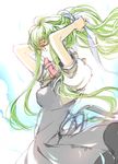  adjusting_hair air arms_up breasts c.c. code_geass cosplay creayus dress floating_hair from_side green_hair hair_ribbon kamio_misuzu kamio_misuzu_(cosplay) long_hair medium_breasts mouth_hold parody ponytail ribbon solo twitter_username tying_hair white_ribbon yellow_eyes 