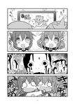  2girls 4koma :3 :d comic fang folded_ponytail gerotan greyscale hair_ornament hairclip ikazuchi_(kantai_collection) inazuma_(kantai_collection) kantai_collection long_sleeves monochrome multiple_girls neckerchief o_o open_mouth page_number ponytail school_uniform serafuku short_hair smile sweat tears translation_request watching_television wavy_mouth |_| 