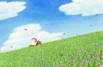  bad_pixiv_id bear bicycle bicycle_basket bird blue_sky bug butterfly cloud colored_pencil_(medium) commentary_request day dutch_angle flower ground_vehicle hat insect no_humans original outdoors polar_bear riding sky solo st.kuma traditional_media watercolor_(medium) 