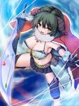  armor armpits belt bra breasts cape cleavage from_above gauntlets ging_(tokushima) green_hair highres horns jewelry large_breasts looking_at_viewer necklace open_mouth original pouch skirt socks solo sword underwear weapon yellow_eyes 