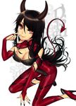  arm_support bangs bare_shoulders black_hair breasts bridal_gauntlets cleavage cleavage_cutout demon_girl demon_tail error finger_to_mouth fingernails from_side full_body hair_between_eyes halterneck high_heels highres horns kneeling large_breasts leaning_forward light_smile long_fingernails long_hair looking_at_viewer nail_polish original parted_bangs rakkou red_eyes sharp_fingernails shoes smile solo swept_bangs tail turtleneck unitard very_long_hair white_background 