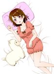  absurdres alpaca breasts brown_hair cleavage highres koizumi_hanayo looking_at_viewer love_live! love_live!_school_idol_project lying medium_breasts on_bed open_mouth pajamas pillow purple_eyes satoharu short_hair solo stuffed_alpaca stuffed_animal stuffed_toy 