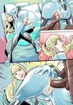  1girl all_fours anal anus ass bed blonde_hair blue_eyes bodysuit clothed_female_nude_male doggystyle high_heels interracial long_hair metroid open_mouth ponytail pussy samus_aran sequential sex spread_ass tekuho_no_habo torn_clothes uncensored zero_suit 