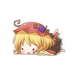  aki_minoriko arinu barefoot blonde_hair chibi closed_eyes food food_on_head fruit_on_head full_body hat lying object_on_head on_stomach open_mouth short_hair simple_background solo touhou white_background 