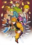  birthmark blonde_hair diego_brando dio_brando dual_persona gears gradient gradient_background green_hair green_shirt hat headband joestar_birthmark jojo_no_kimyou_na_bouken knife matches multiple_boys phantom_blood red_eyes scar scary_monsters_(stand) shirt signpost sokka_(kbs) stardust_crusaders steel_ball_run striped striped_background yellow_eyes 