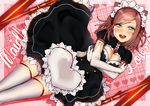  absurdres apron blush breast_squeeze breasts brown_hair cleavage cleavage_cutout elbow_gloves from_above gloves green_eyes head_tilt highres looking_at_viewer lying maid maid_headdress medium_breasts on_back open_mouth original rakkou ribbon smile solo thighhighs white_gloves zettai_ryouiki 