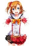  :d blue_eyes bokura_wa_ima_no_naka_de bow collarbone fingerless_gloves frilled_skirt frills gloves kousaka_honoka love_live! love_live!_school_idol_project one_side_up open_mouth orange_hair outstretched_arms outstretched_hand red_gloves sakuma_shiiya skirt smile solo 