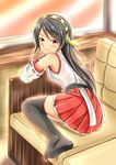  bare_shoulders baretto_(karasi07) black_hair curled_up detached_sleeves haruna_(kantai_collection) headgear highres indoors kantai_collection long_hair looking_at_viewer no_shoes nontraditional_miko red_eyes red_skirt skirt smile solo thighhighs window zettai_ryouiki 