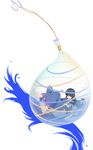  barefoot black_hair ging_(tokushima) highres hook in_balloon in_container japanese_clothes kimono legs legs_up long_hair lying obi on_back original partially_submerged purple_eyes sash simple_background solo water water_balloon white_background 