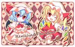  ;d ascot bat_wings blonde_hair blue_hair blush chibi club_(shape) diamond_(shape) dress fang flandre_scarlet hat heart kashiwadokoro layered_dress mob_cap multiple_girls one_eye_closed open_mouth red_eyes remilia_scarlet short_hair siblings side_ponytail sisters slit_pupils smile spade_(shape) touhou wings 