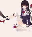  bad_id bad_pixiv_id bangs blunt_bangs bow bowtie brown_hair collared_shirt commentary_request disembodied_limb flower garter_straps gloves hand_on_another's_leg high_heels lace lace-trimmed_panties lace-trimmed_thighhighs long_hair mask no_pants original panties recotasan red_eyes red_flower red_footwear red_rose rose school_uniform shirt shoes single_shoe sitting solo surgical_mask thighhighs underwear white_gloves white_legwear 