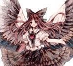  arm_cannon bad_id bad_pixiv_id black_wings bow brown_hair cape feathered_wings hair_bow highres long_hair muted_color open_mouth red_eyes reiuji_utsuho solo touhou weapon wings wiriam07 