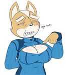  anthro blush breasts cleavage clothed clothing crossgender english_text fox_mccloud humor nintendo parody plain_background solo star_fox teeth text unknown_artist video_games what 