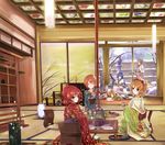  bare_tree blue_eyes blue_hair brown_hair closed_eyes cup fence floral_print hair_ornament highres hoshizora_rin house_of_cards indoors japanese_clothes kimono koizumi_hanayo kotatsu kousaka_honoka lantern looking_back love_live! love_live!_school_idol_project minami_kotori multiple_girls nishikino_maki one_side_up orange_hair orein plant purple_eyes red_hair seiza shelf short_hair sitting sleeping smile snow sonoda_umi stone_lantern table tray tree wall yellow_eyes 