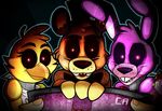  animatronic bonnie_(fnaf) bow_tie chica_(fnaf) female five_nights_at_freddy&#039;s foxy_(fnaf) freddy_(fnaf) glowing glowing_eyes machine male mechanical robot teeth toy-bonnie video_games 