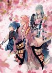  ayame_(artist) blue_eyes blue_hair cherry_blossoms green_eyes hair_over_one_eye japanese_clothes kousetsu_samonji male_focus multiple_boys petals pink_hair ponytail sayo_samonji smile souza_samonji touken_ranbu 