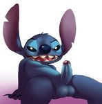  2015 anthro balls black_eyes blue_fur blue_nose claws fur half-closed_eyes jerseydevil lilo_and_stitch male open_mouth penis plain_background presenting presenting_penis sharp_teeth sitting solo stitch teeth toe_claws tongue white_background 