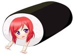  food highres looking_at_viewer love_live! love_live!_school_idol_project makizushi nishikino_maki outstretched_arms pun purple_eyes red_hair satoharu short_hair simple_background solo sushi tears wavy_mouth white_background 