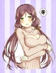  akakura blush bow breast_hold breasts crossed_arms green_eyes hair_bow large_breasts love_live! love_live!_school_idol_project meme_attire open-chest_sweater purple_hair ribbed_sweater solo spoken_squiggle squiggle striped striped_background sweat sweater toujou_nozomi turtleneck twintails vertical-striped_background vertical_stripes 