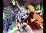  absurdres armor bandai cape city digimon fangs full_armor green_eyes highres horns no_humans omegamon royal_knights sword weapon 