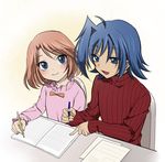  1girl ahoge blue_eyes brother_and_sister brown_hair cardfight!!_vanguard highres open_mouth sendou_aichi sendou_emi shijimi_(outa) short_hair siblings sweater turtleneck 