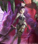  bedlam breasts claws crop_top doll_joints gloves green_eyes hat huge_weapon lips long_hair lord_of_vermilion lord_of_vermilion_iii multi-tied_hair necktie nose purple_hair reverse_grip small_breasts solo string very_long_hair weapon white_skin yuu_kikuchi 